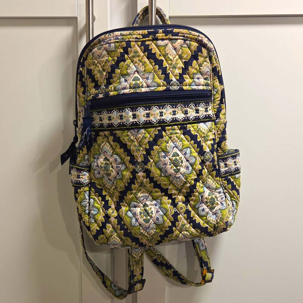 Vera Bradley Cambridge Quilted Mini Backpack Navy Blue Green 100% Cotton Retired